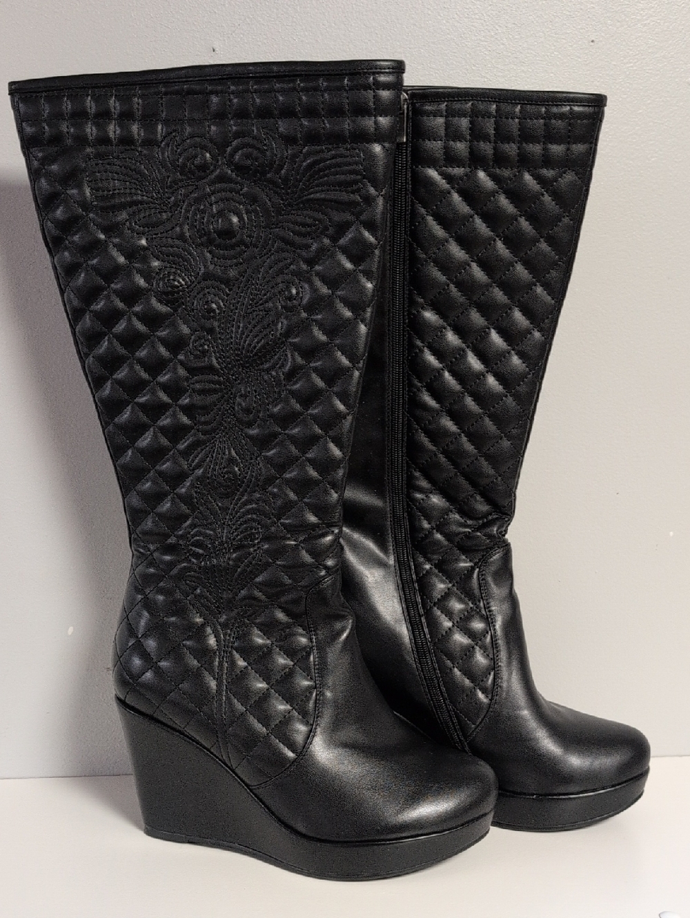 Women's Addition Elle Heeled Boots Knee High Zipper Platform Black Alternative